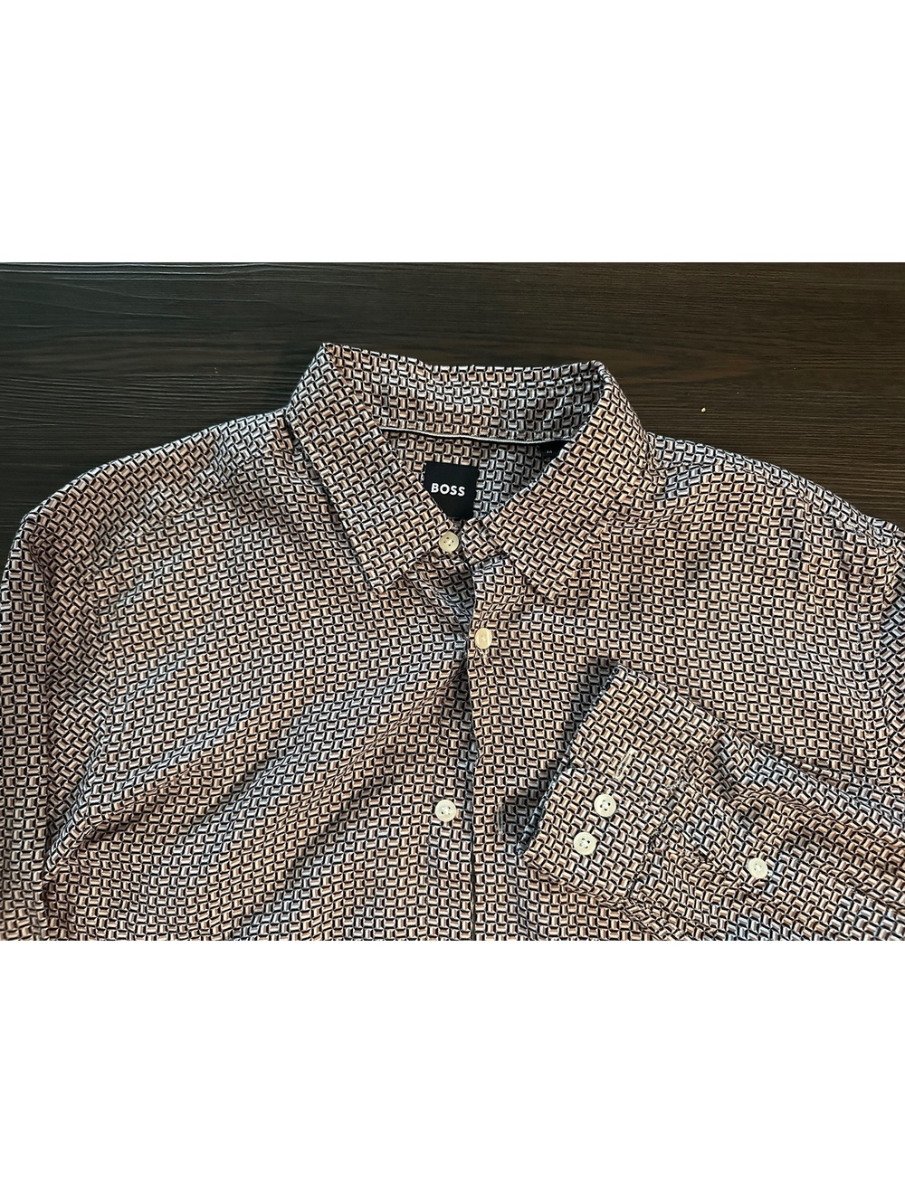 BOSS Hugo Boss Mens Shirt Medium Roger Geometric Pattern Slim Fit Lyocel